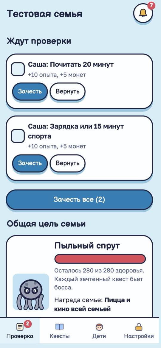 Вкладка «Проверка»: квесты детей с кнопками «Зачесть» и «Вернуть»